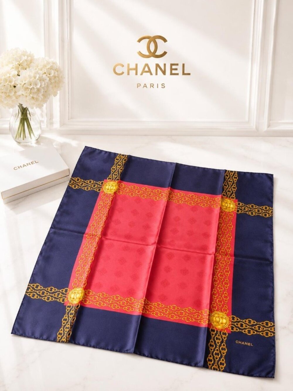 Chanel Vintage Silk Scarf Navy Red Gold Chain Medallion Square Designer Wrap